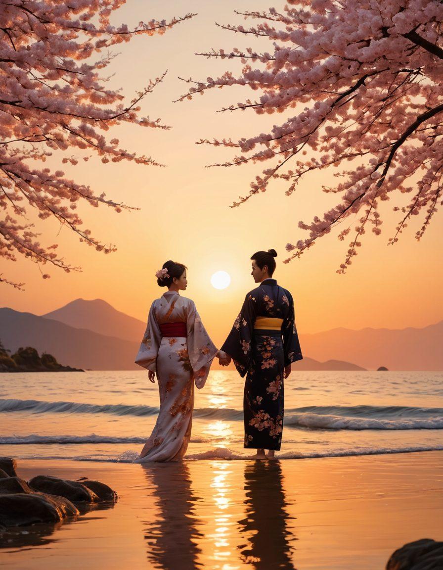 A serene beach scene at sunset, featuring a couple dressed in elegant traditional Japanese kimonos, their silhouettes emphasizing intimacy and grace. Surround them with soft waves lapping at the shore, delicate cherry blossoms in the air, and a warm glow from the setting sun reflecting off the water. Incorporate elements of Japanese fashion, such as intricate patterns and flowing fabrics that evoke a sense of passion and connection. super-realistic. vibrant colors. 3D.