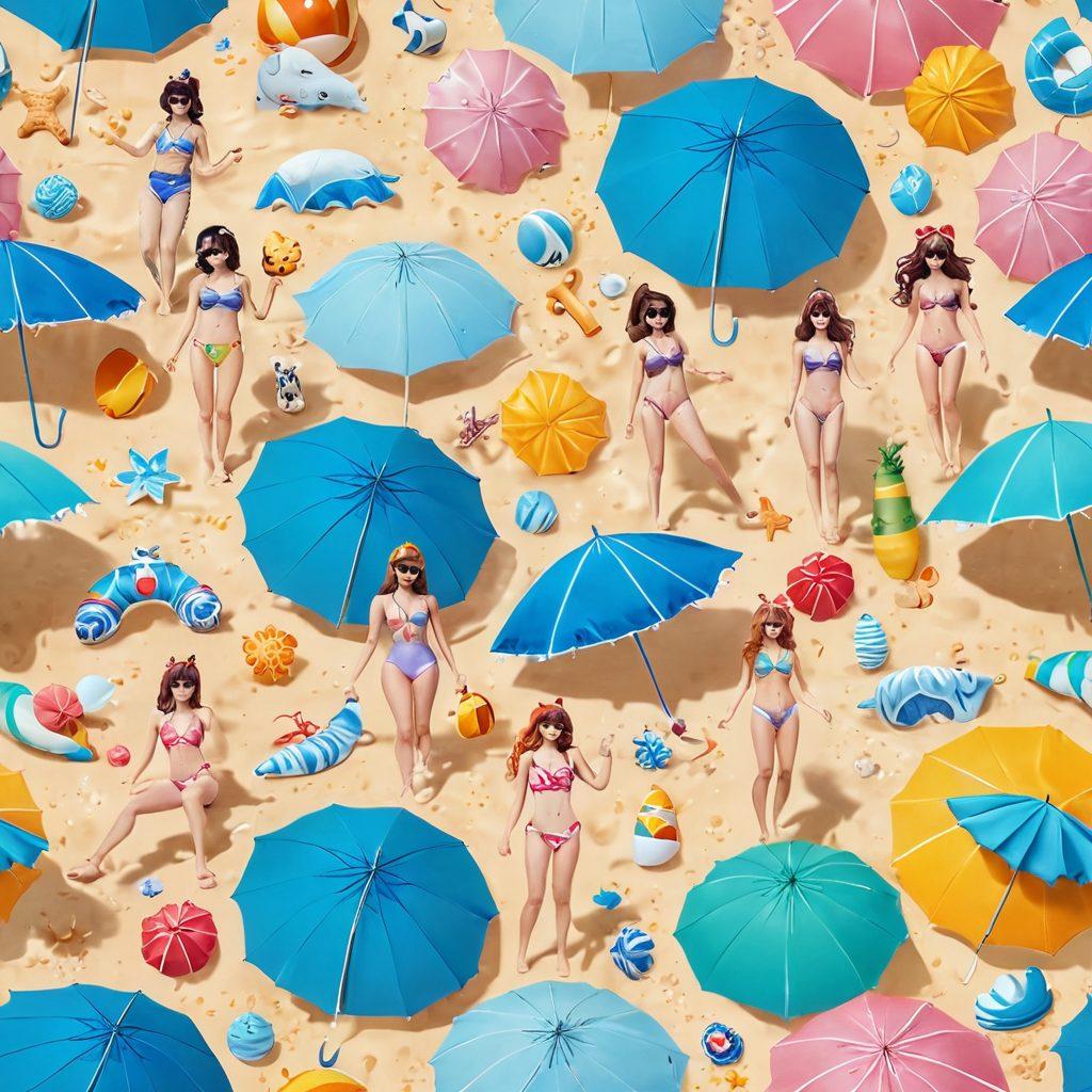 A vibrant beach scene featuring diverse individuals in stylish swimwear, showcasing elements of Japanese kawaii culture, such as playful pastel colors and cute character motifs. Include inflatable unicorns and beach umbrellas decorated with anime-inspired designs. The sun is shining brightly, casting warm light across the golden sand. Capturing a joyful atmosphere filled with laughter and vibrant beach accessories. super-realistic. vibrant colors. 3D.